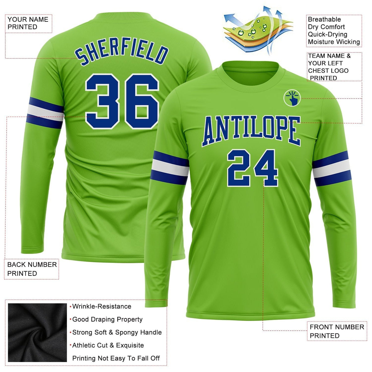 Custom Neon Green Royal-White Long Sleeve Performance T-Shirt photo 3