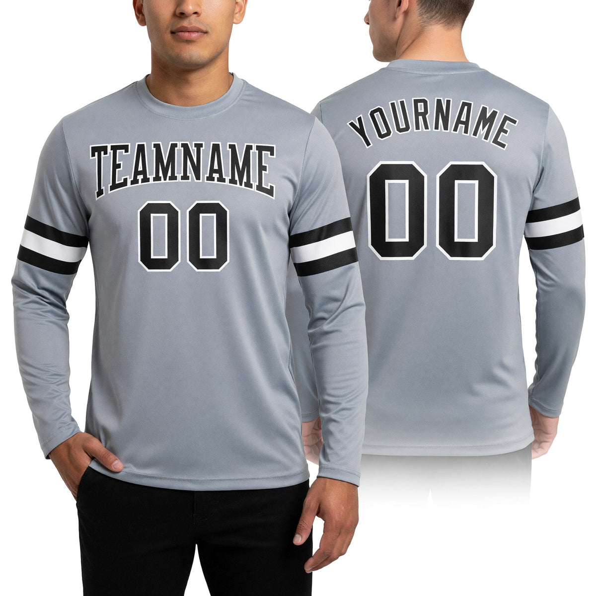 Custom Gray Black-White Long Sleeve Performance T-Shirt worn front and back
