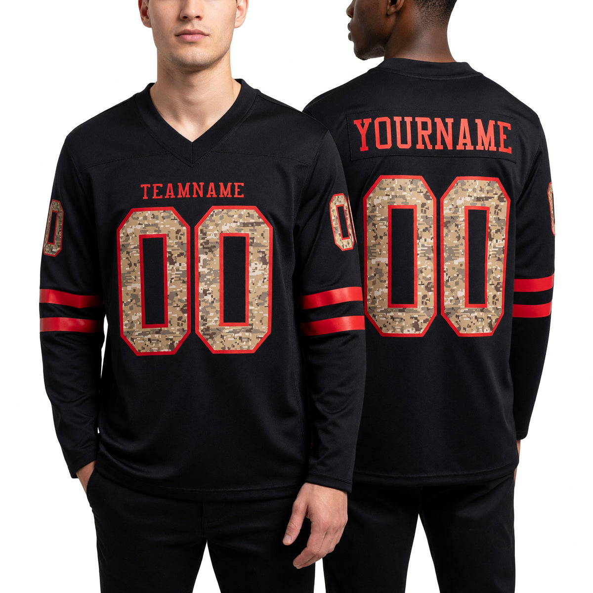 Custom Black Camo-Red Long Sleeve Authentic Football Jersey worn front and back