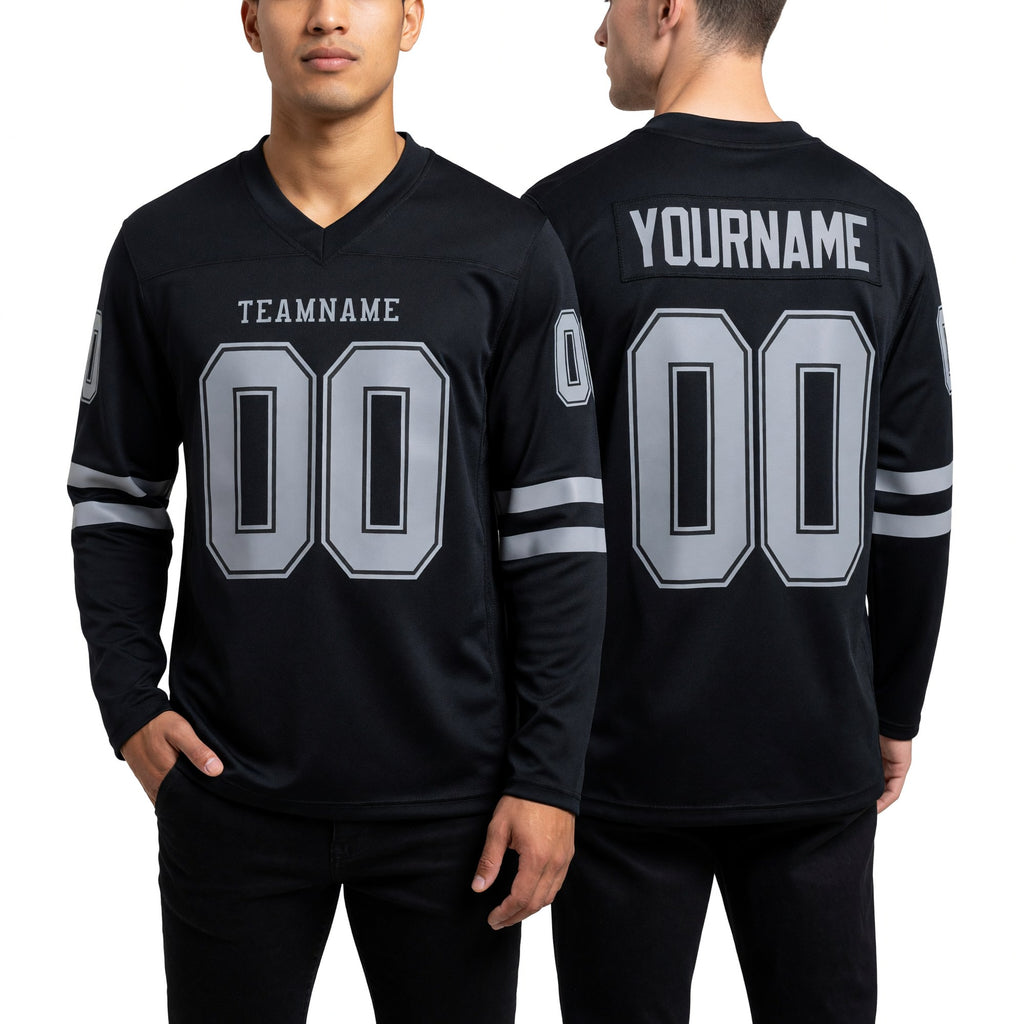 Custom Black Gray Long Sleeve Authentic Football Jersey worn front and back