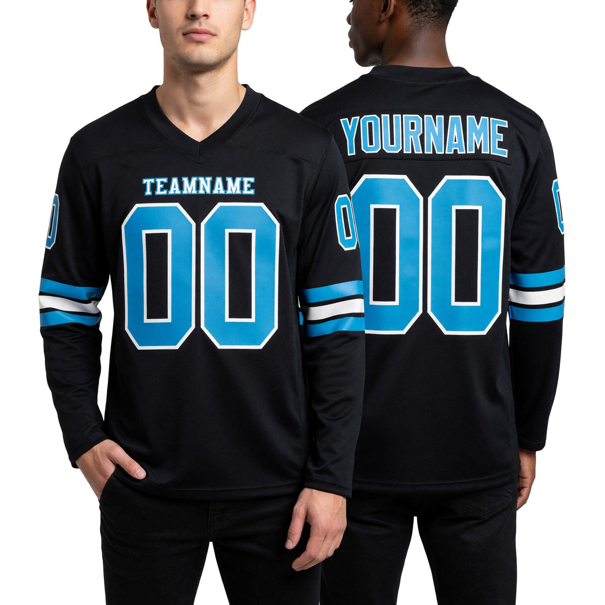 Custom Black Panther Blue-White Long Sleeve Authentic Football Jersey worn front and back