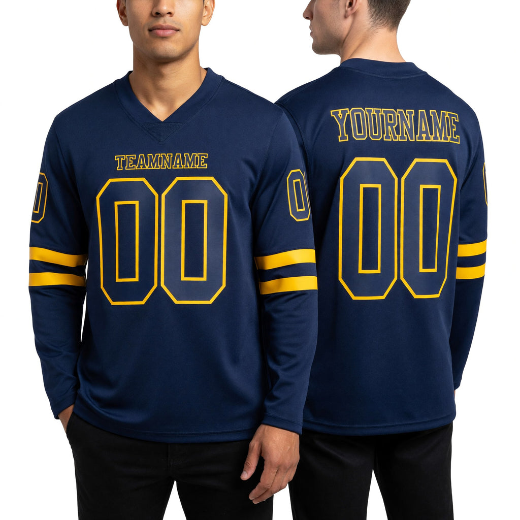Custom Navy Gold Long Sleeve Authentic Football Jersey worn front and back