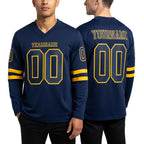 Custom Navy Gold Long Sleeve Authentic Football Jersey worn front and back