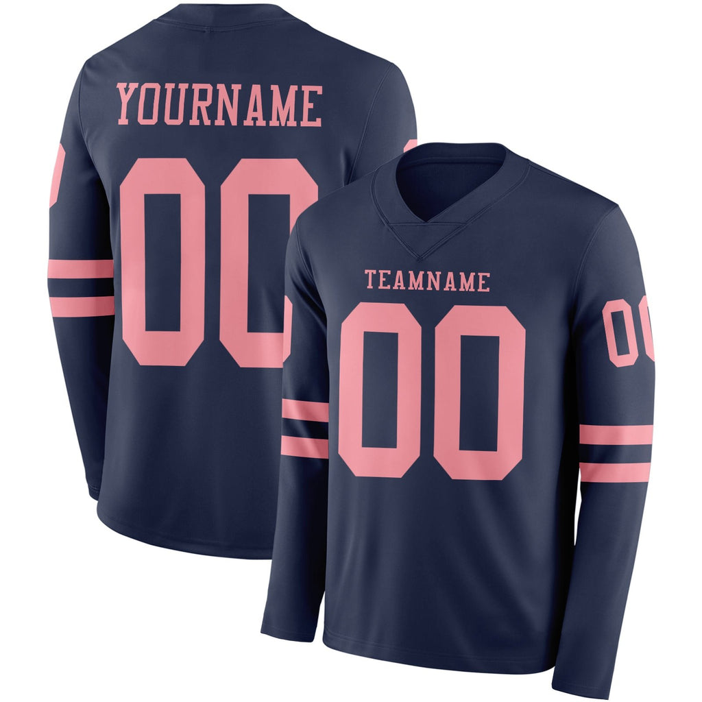 Custom Navy Medium Pink Long Sleeve Authentic Football Jersey photo 1