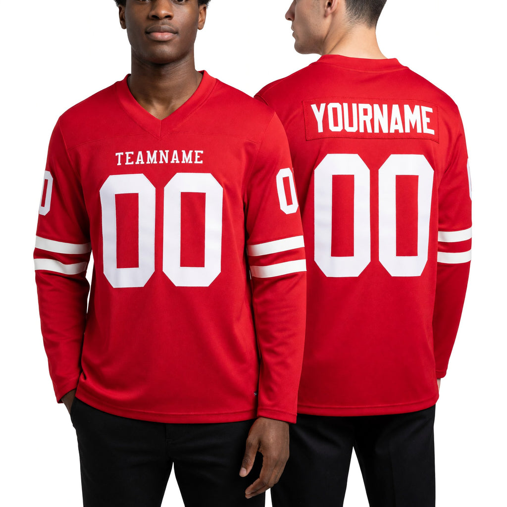 Custom Red White Long Sleeve Authentic Football Jersey worn front and back