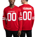 Custom Red White Long Sleeve Authentic Football Jersey worn front and back