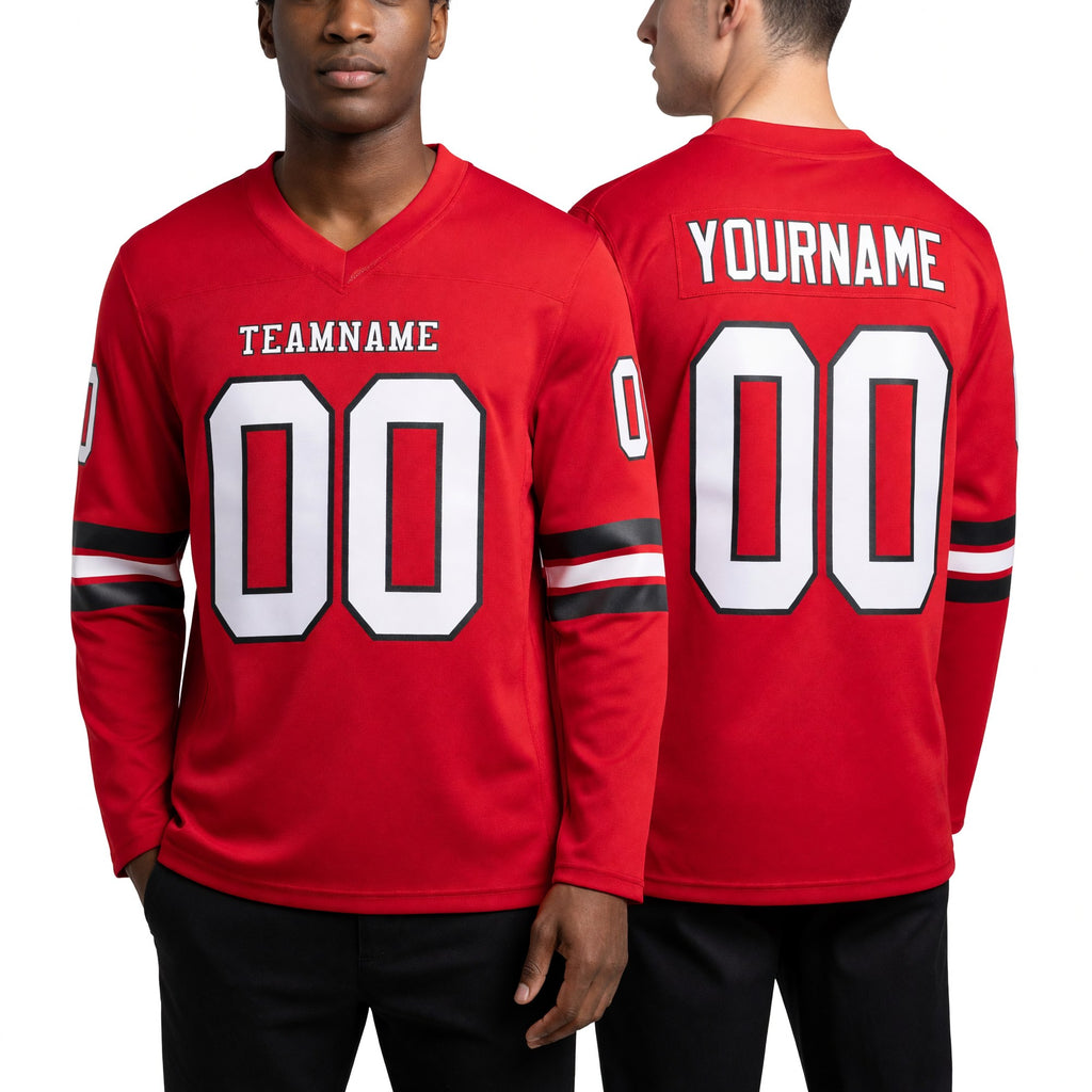 Custom Red White-Black Long Sleeve Authentic Football Jersey worn front and back