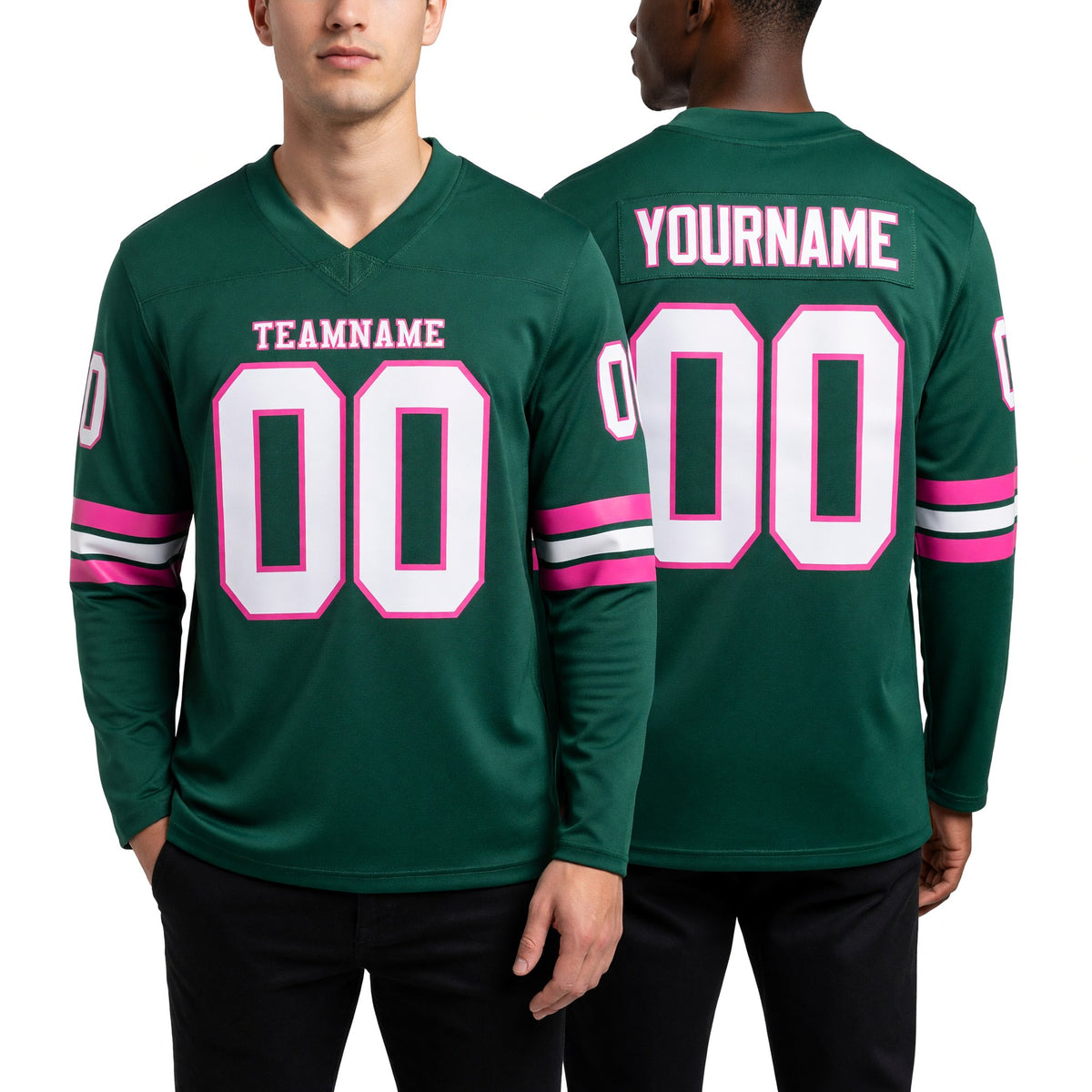 Custom Green White-Pink Long Sleeve Authentic Football Jersey worn front and back