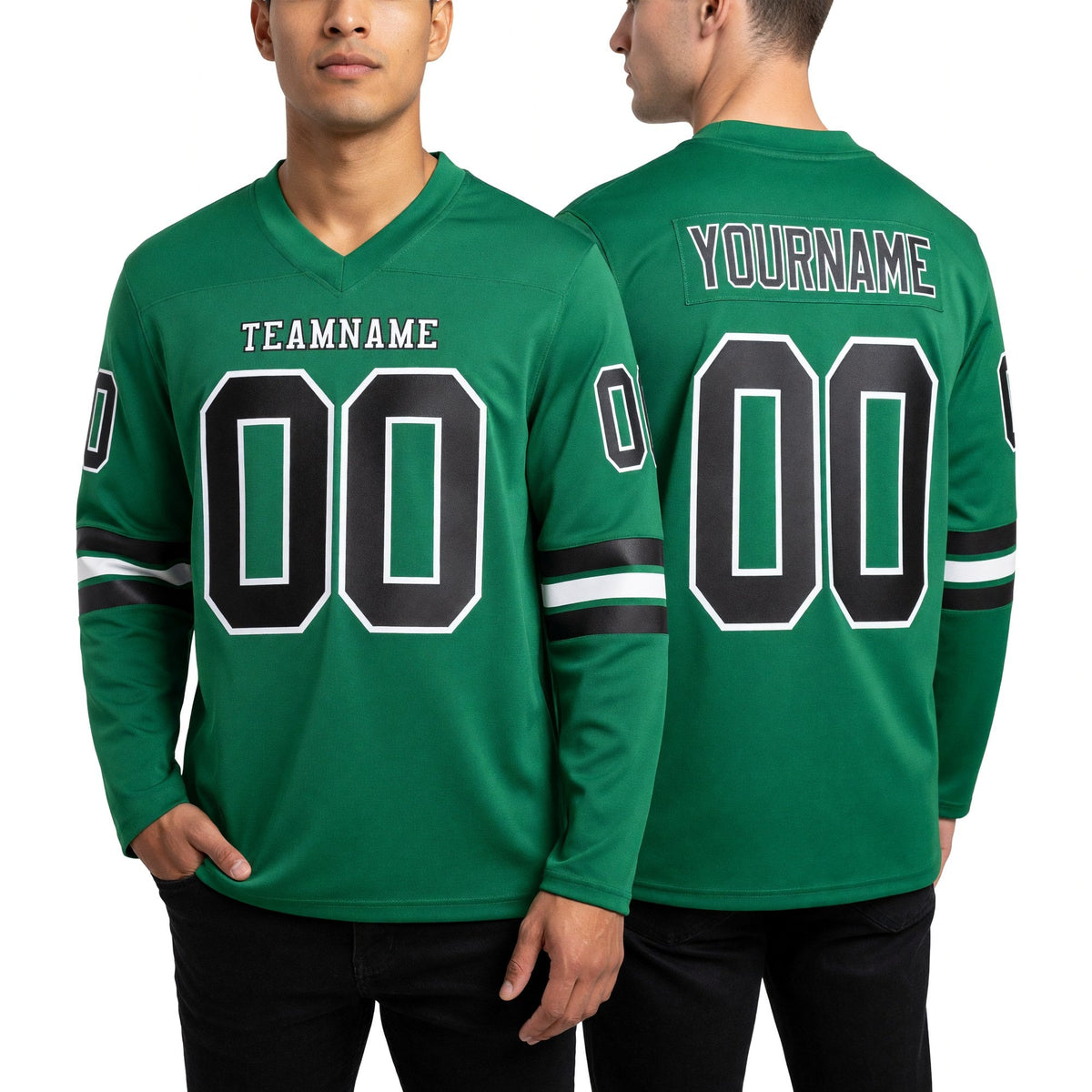 Custom Kelly Green Black-White Long Sleeve Authentic Football Jersey worn front and back