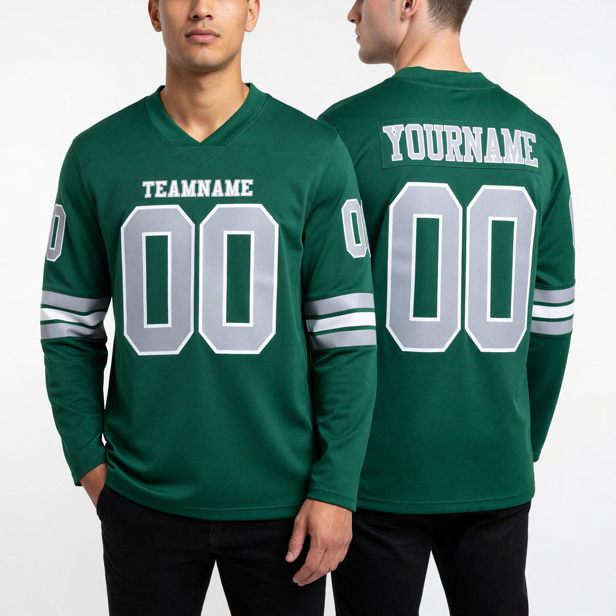 Custom Kelly Green Gray-White Long Sleeve Authentic Football Jersey worn front and back