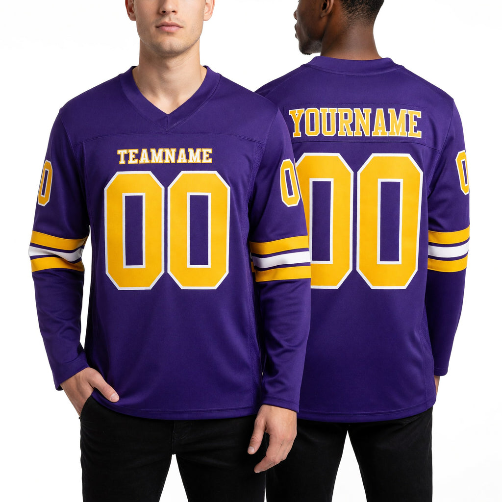 Custom Purple Gold-White Long Sleeve Authentic Football Jersey worn front and back