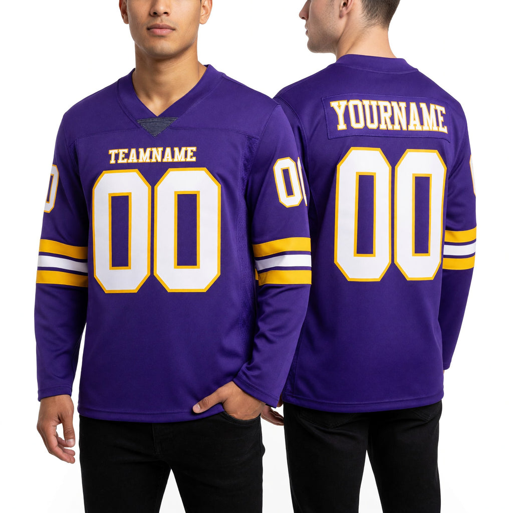 Custom Purple White-Gold Long Sleeve Authentic Football Jersey worn front and back