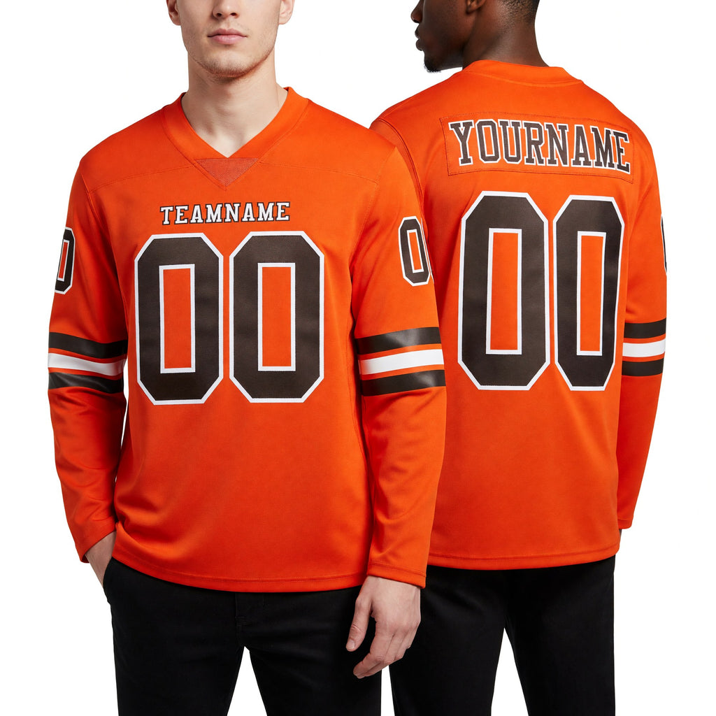 Custom Orange Brown-White Long Sleeve Authentic Football Jersey worn front and back