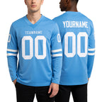 Custom Light Blue White Long Sleeve Authentic Football Jersey worn front and back