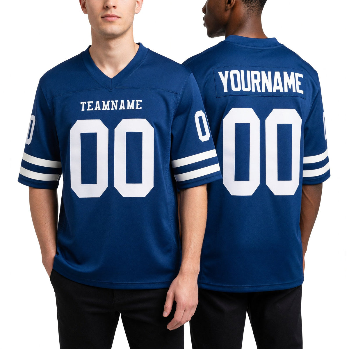 Custom Royal White Long Sleeve Authentic Football Jersey worn front and back