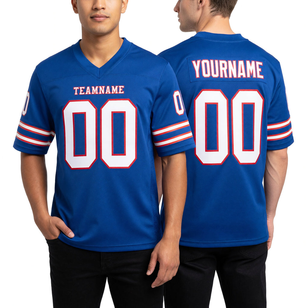 Custom Royal White-Crimson Long Sleeve Authentic Football Jersey worn front and back