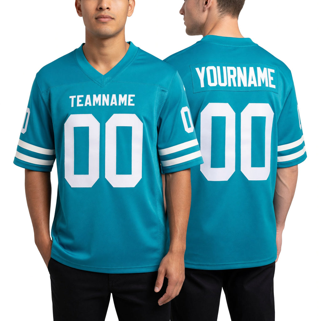 Custom Teal White Long Sleeve Authentic Football Jersey worn front and back
