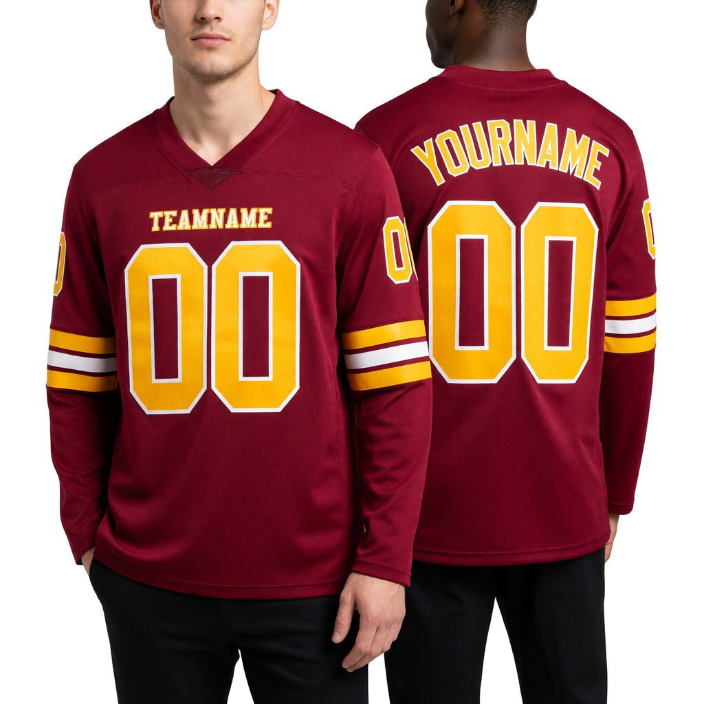Custom Cardinal Gold-White Long Sleeve Authentic Football Jersey worn front and back
