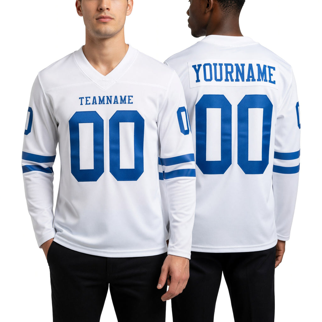 Custom White Royal Long Sleeve Authentic Football Jersey worn front and back