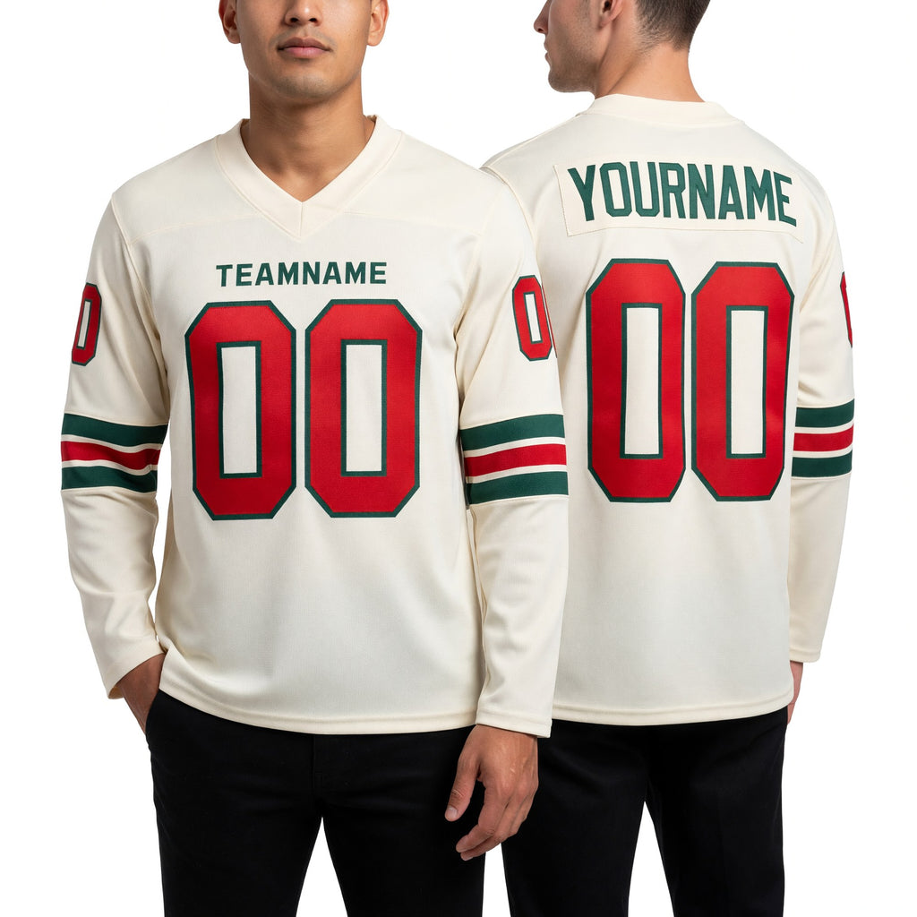 Custom Cream Red-Green Long Sleeve Authentic Football Jersey worn front and back