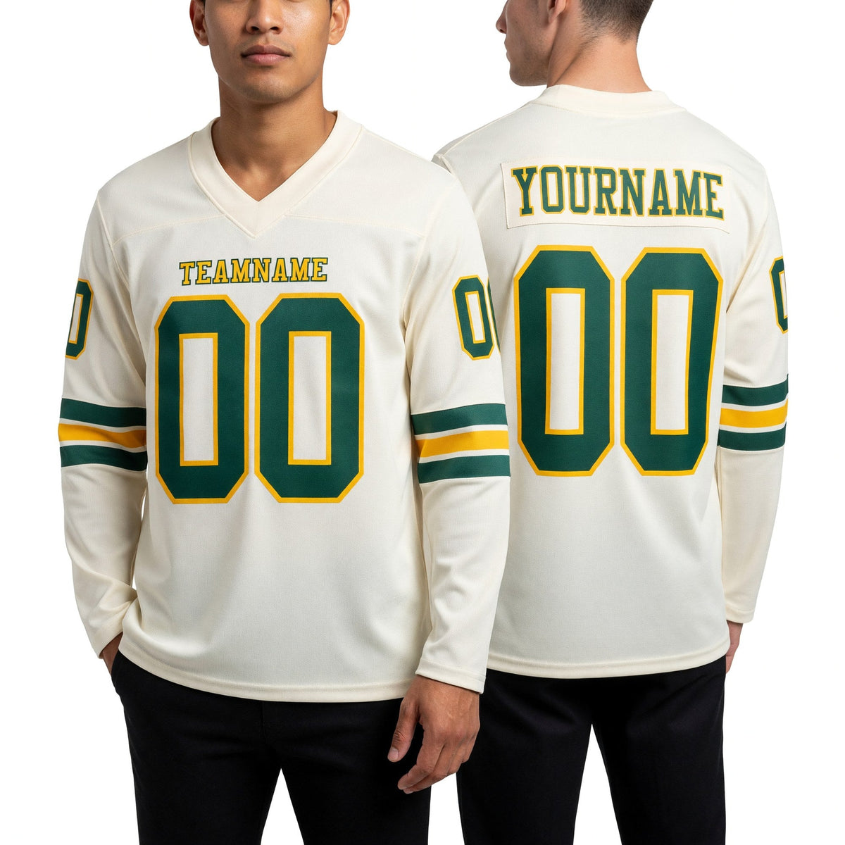 Custom Cream Green-Gold Long Sleeve Authentic Football Jersey worn front and back