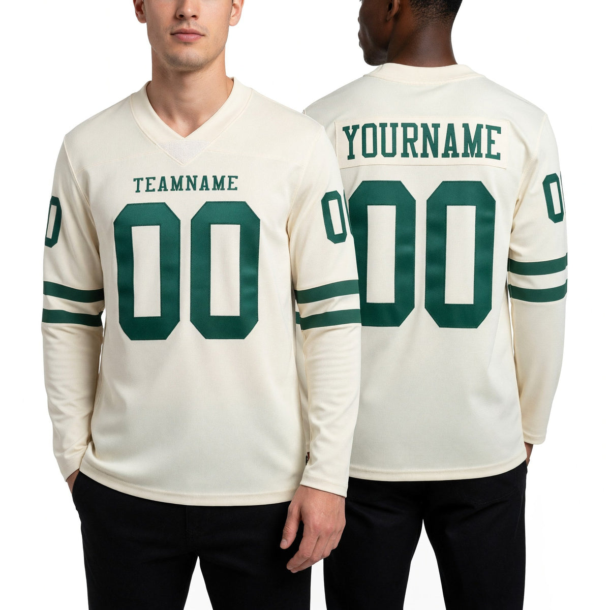 Custom Cream Kelly Green Long Sleeve Authentic Football Jersey worn front and back