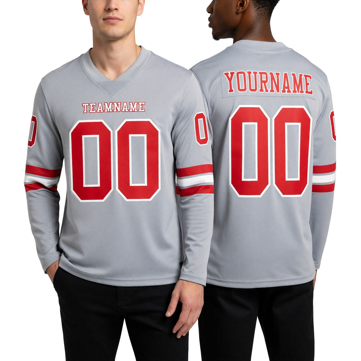 Custom Gray Red-White Long Sleeve Authentic Football Jersey worn front and back