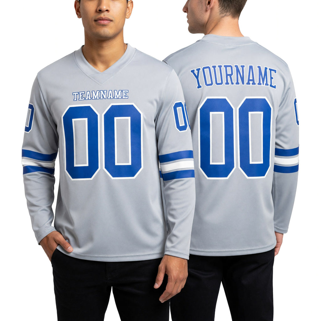Custom Gray Royal-White Long Sleeve Authentic Football Jersey worn front and back