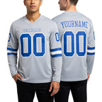 Custom Gray Royal-White Long Sleeve Authentic Football Jersey worn front and back