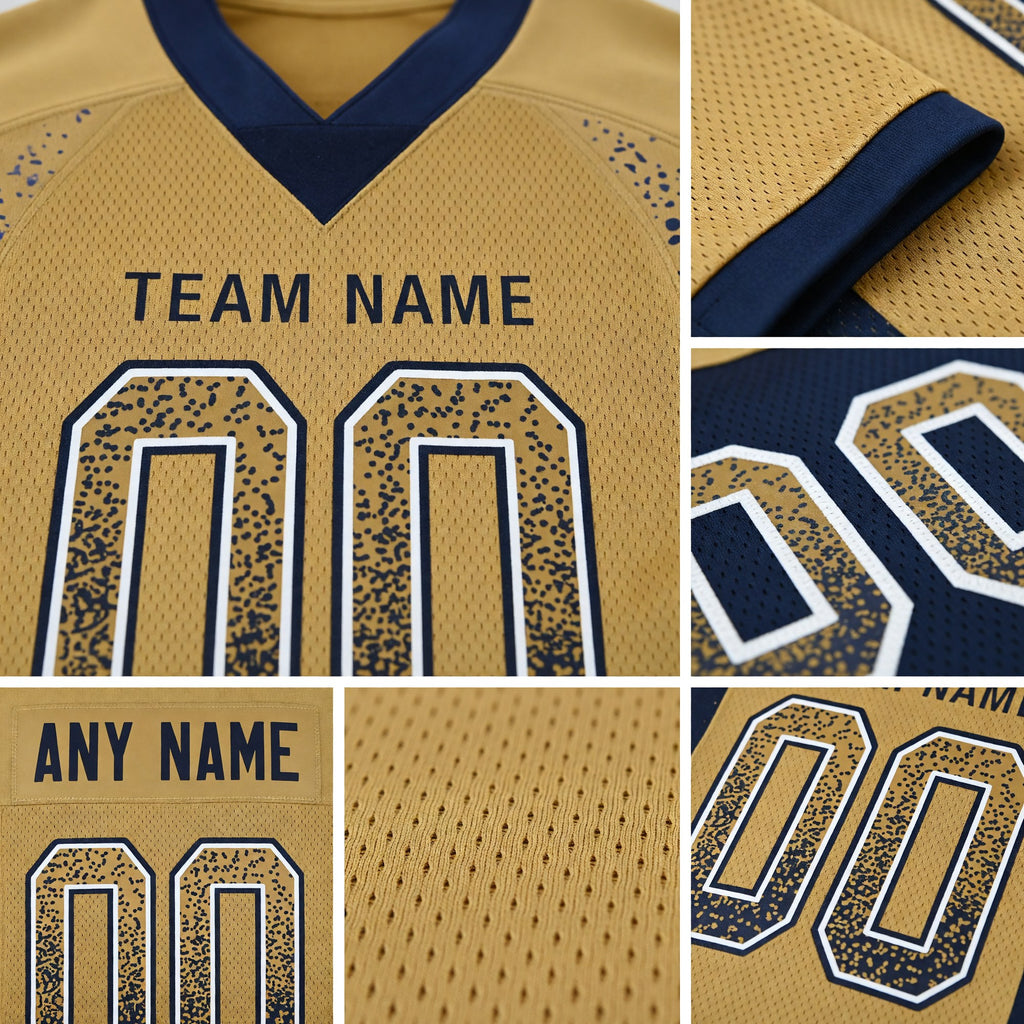 Custom Old Gold Navy-White Drift Fashion Football Jersey detail