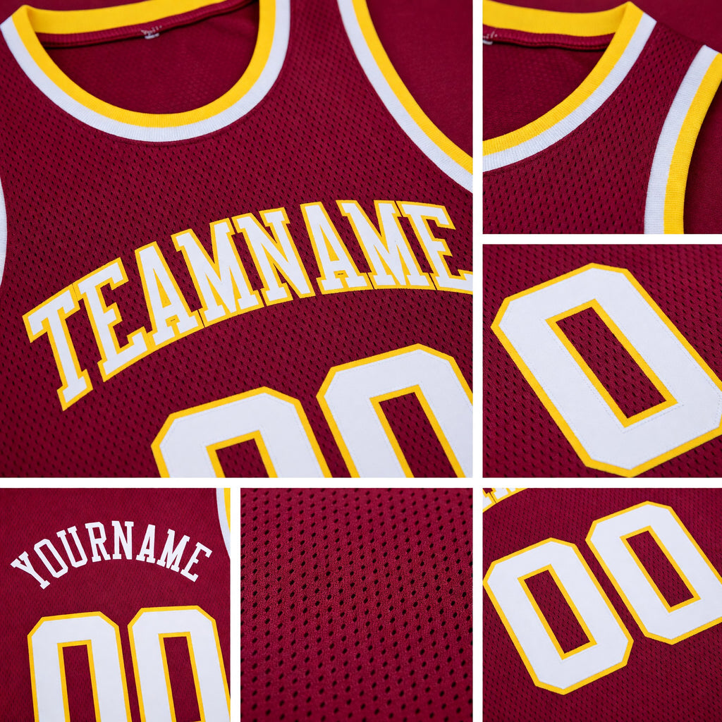 Custom Maroon White-Gold Round Neck Rib-Knit Basketball Jersey detail