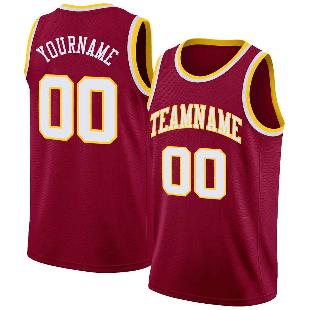 Custom Maroon White-Gold Round Neck Rib-Knit Basketball Jersey photo 1