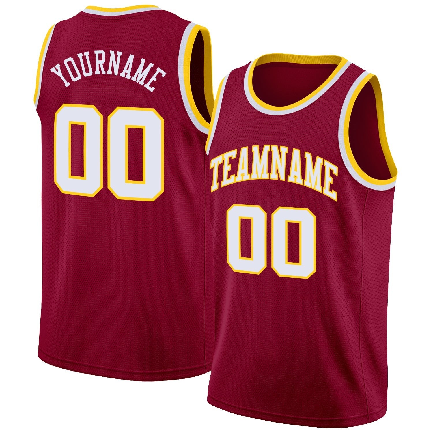 Custom Maroon White-Gold Round Neck Rib-Knit Basketball Jersey photo 1