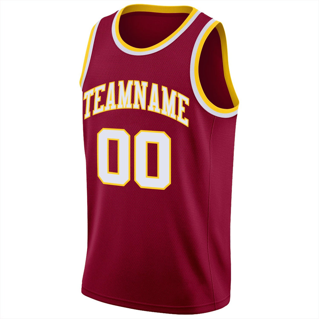 Custom Maroon White-Gold Round Neck Rib-Knit Basketball Jersey photo 4