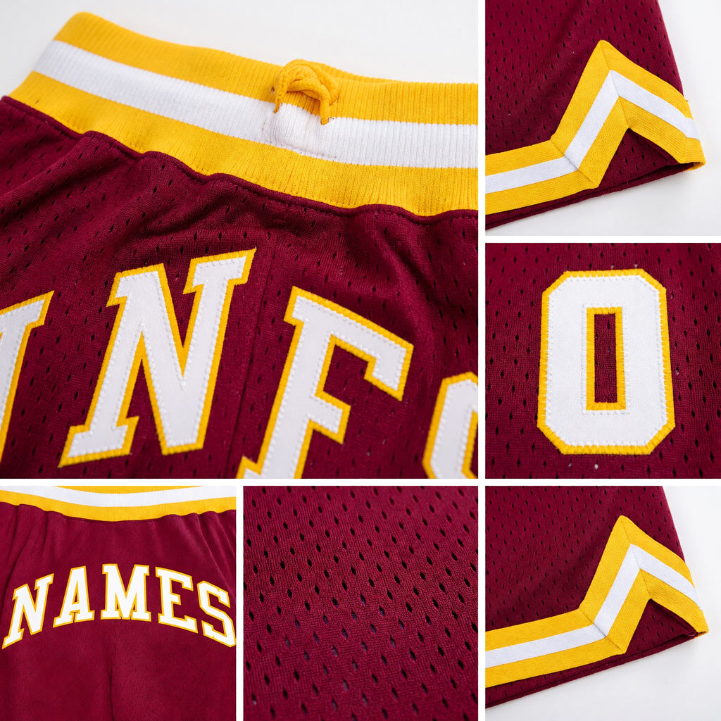 Custom Maroon White-Gold Authentic Throwback Basketball Shorts detail