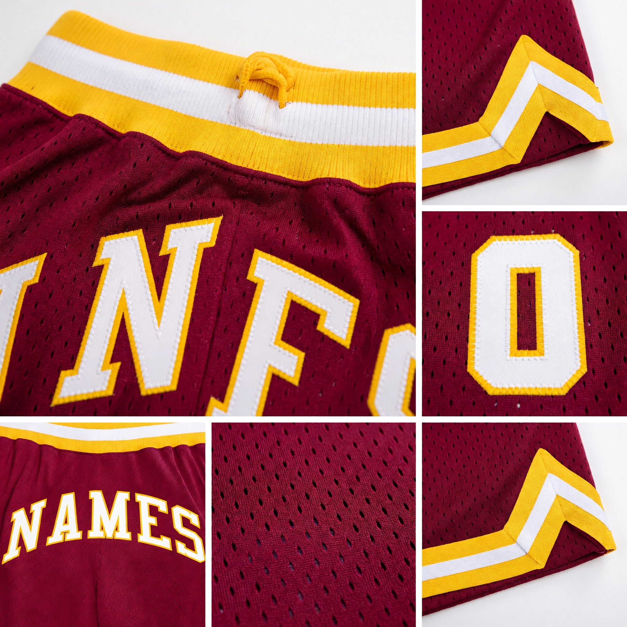 Custom Maroon White-Gold Authentic Throwback Basketball Shorts detail