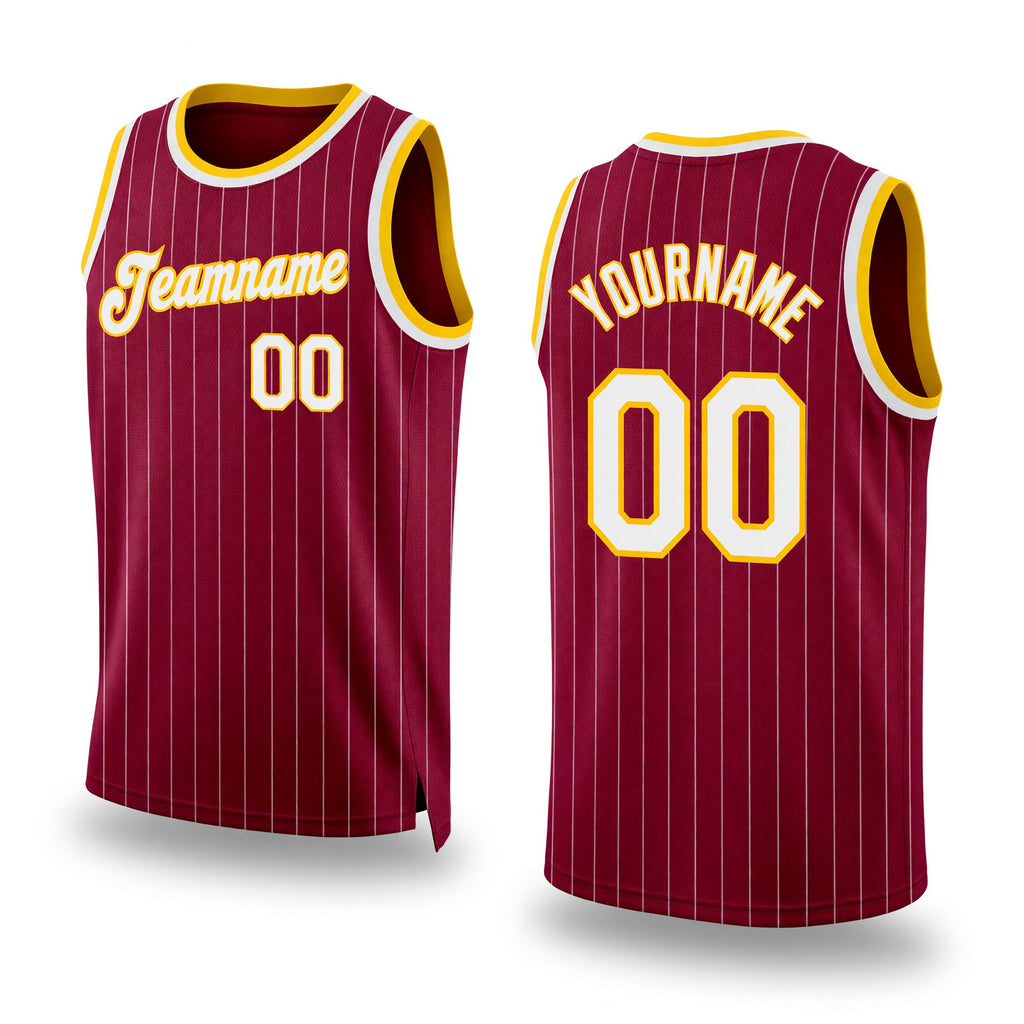 Custom Maroon White Pinstripe White-Gold Authentic Basketball Jersey