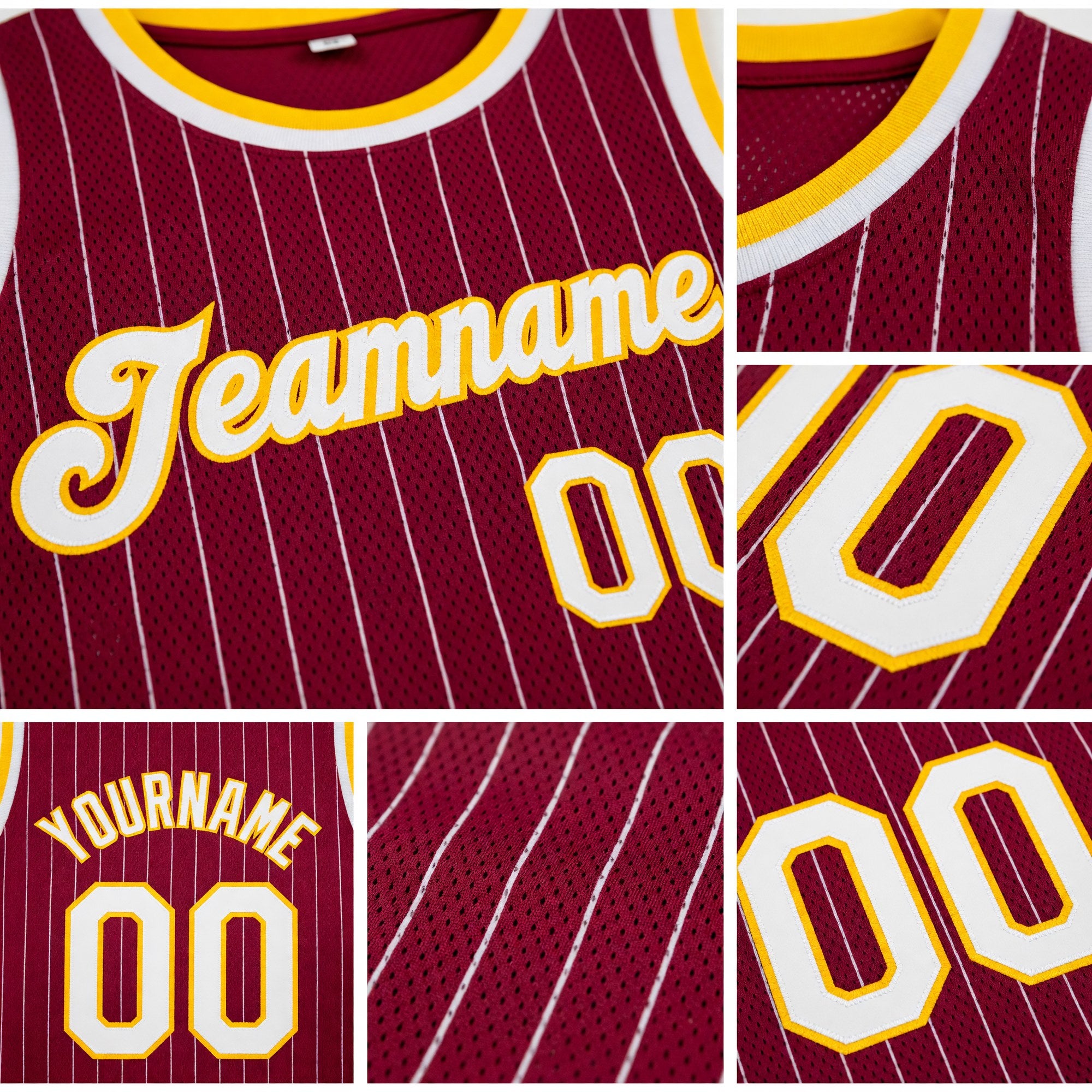 Custom Maroon White Pinstripe White-Gold Authentic Basketball Jersey detail