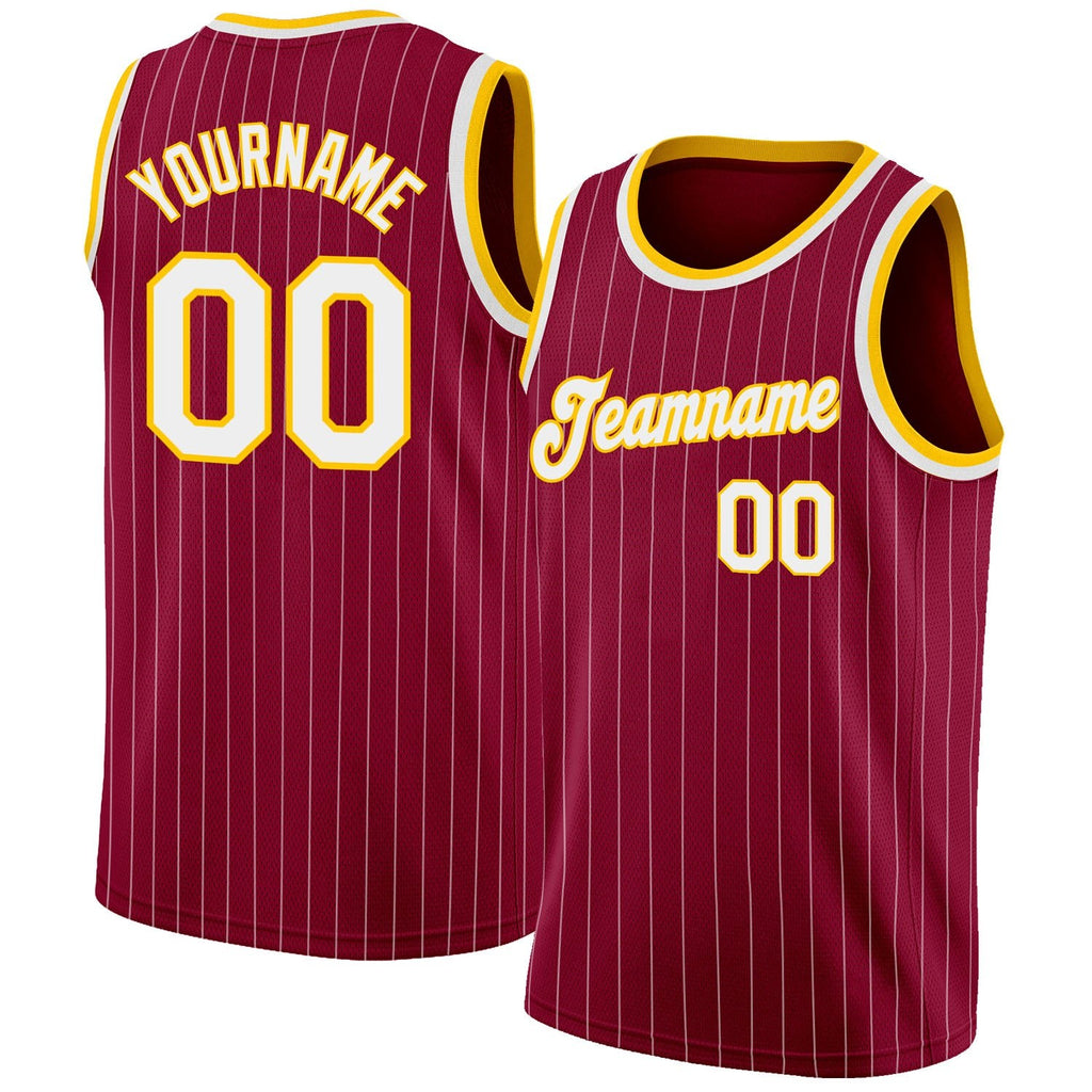 Custom Maroon White Pinstripe White-Gold Authentic Basketball Jersey photo 1