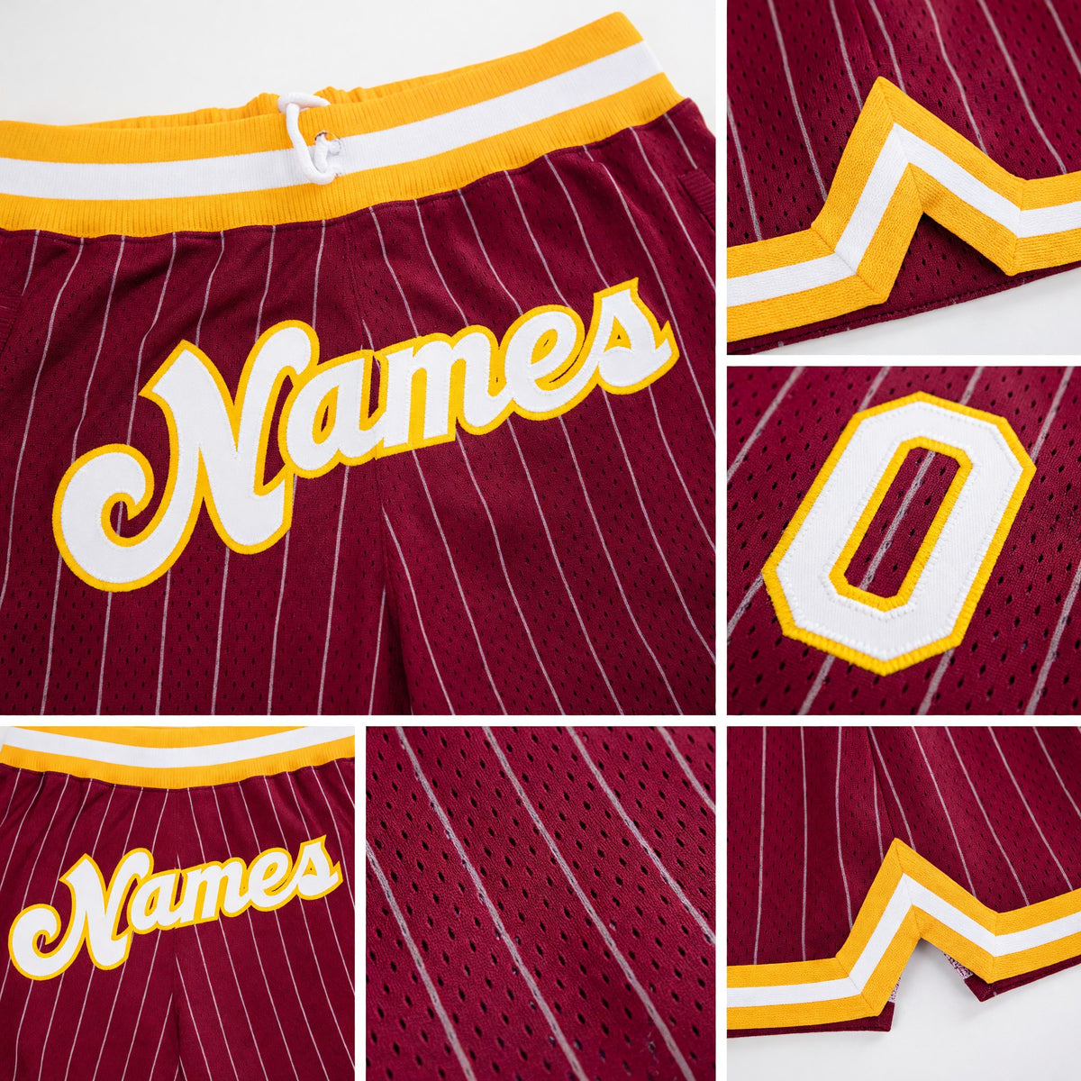 Custom Maroon White Pinstripe White-Gold Authentic Basketball Shorts detail