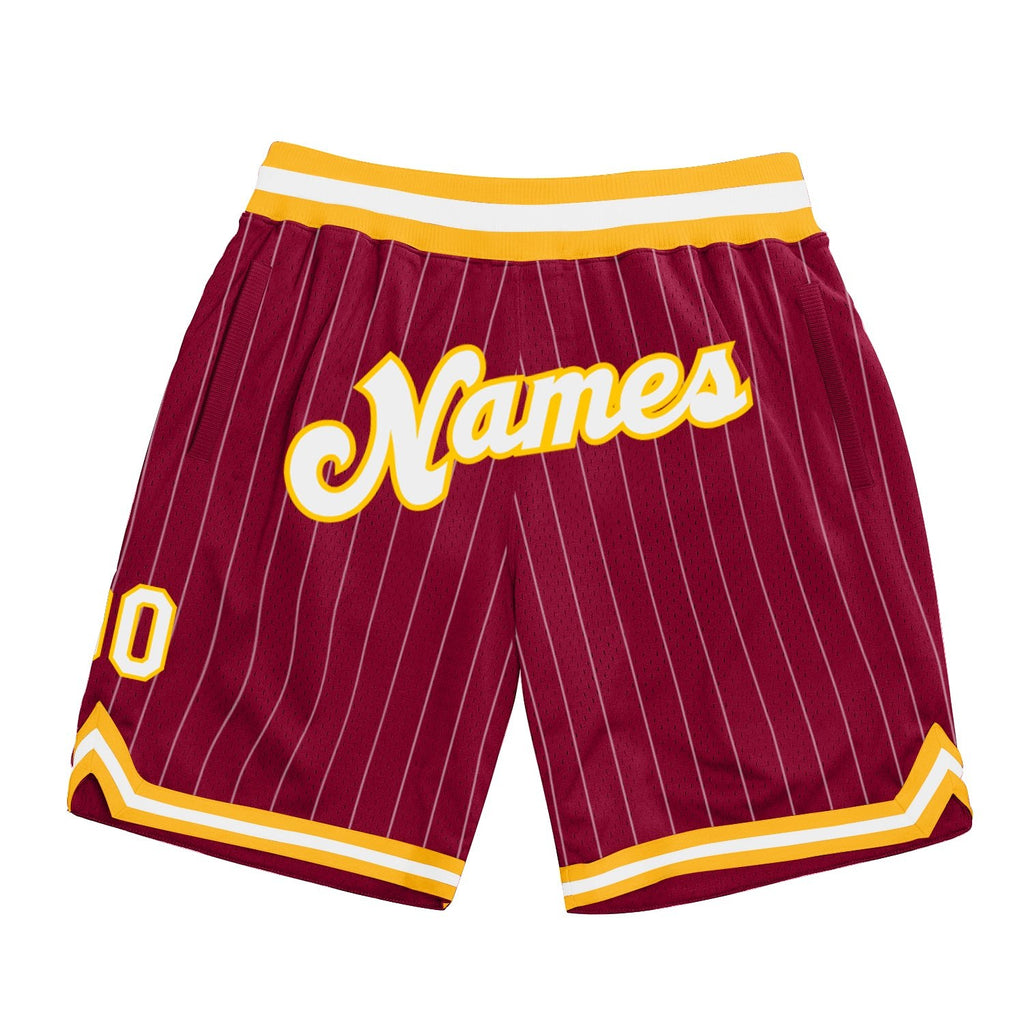 Custom Maroon White Pinstripe White-Gold Authentic Basketball Shorts photo 1