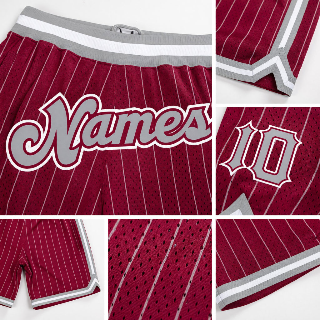 Custom Maroon White Pinstripe Gray-White Authentic Basketball Shorts detail