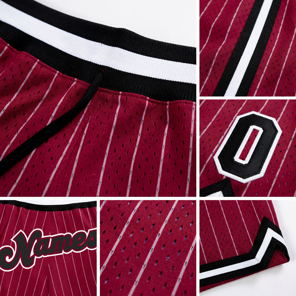 Custom Maroon White Pinstripe Black-White Authentic Basketball Shorts detail