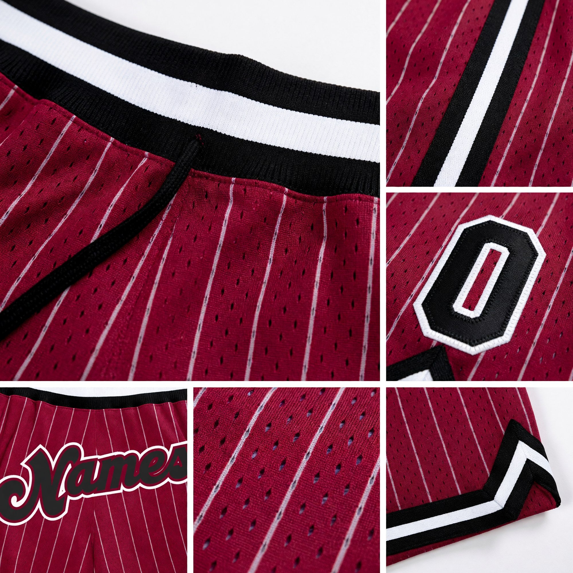 Custom Maroon White Pinstripe Black-White Authentic Basketball Shorts detail