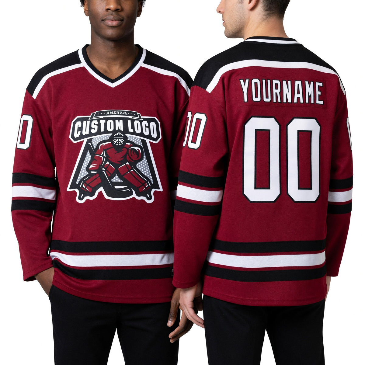 Custom Maroon White-Black Hockey Jersey worn front and back
