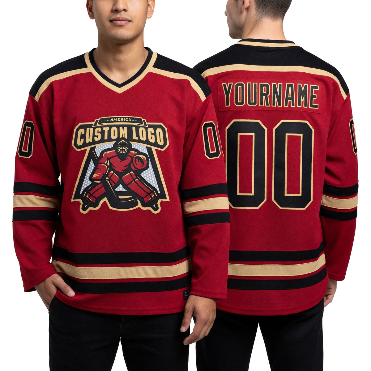 Custom Maroon Black-Old Gold Hockey Jersey worn front and back