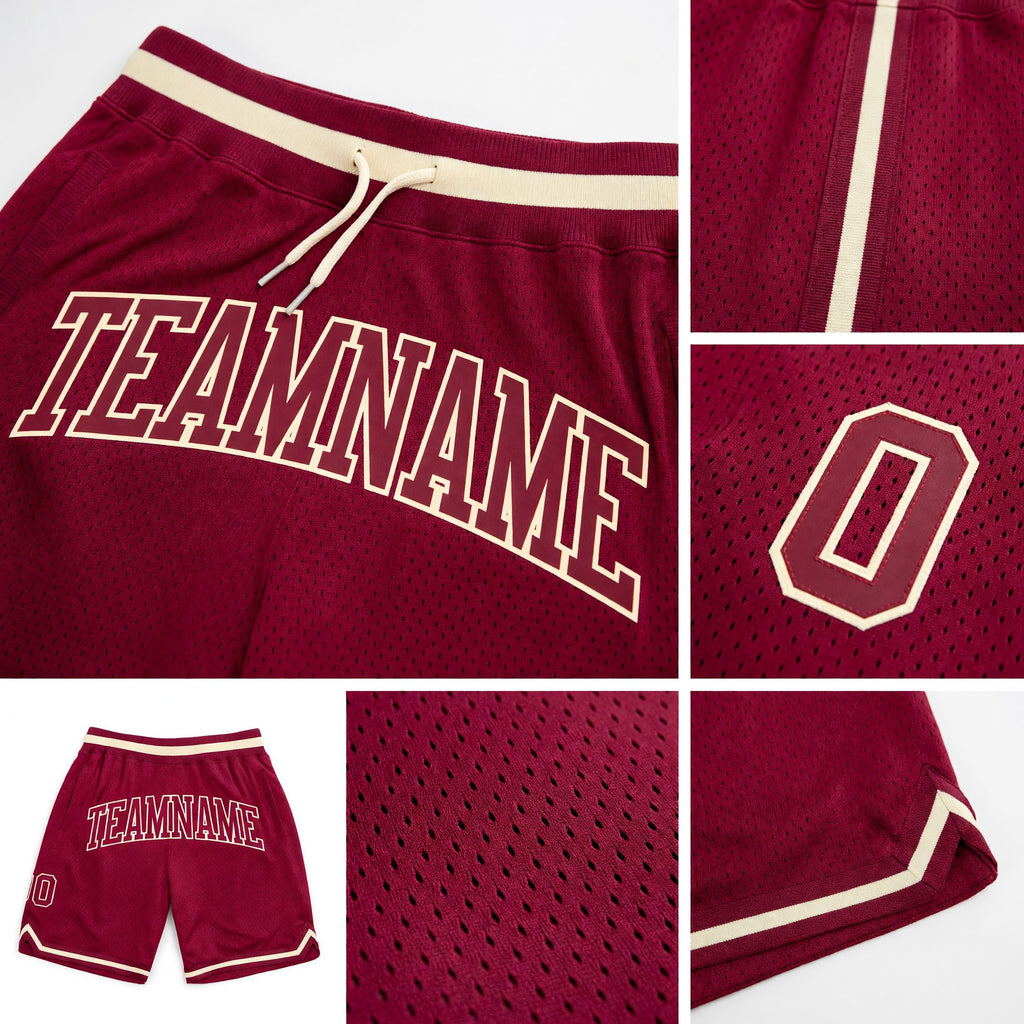Custom Maroon Maroon-Cream Authentic Throwback Basketball Shorts detail