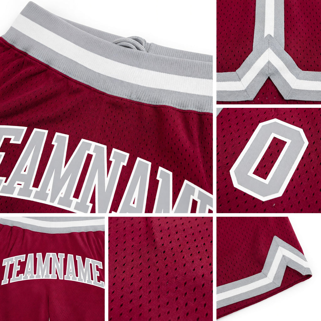 Custom Maroon Gray-White Authentic Throwback Basketball Shorts detail