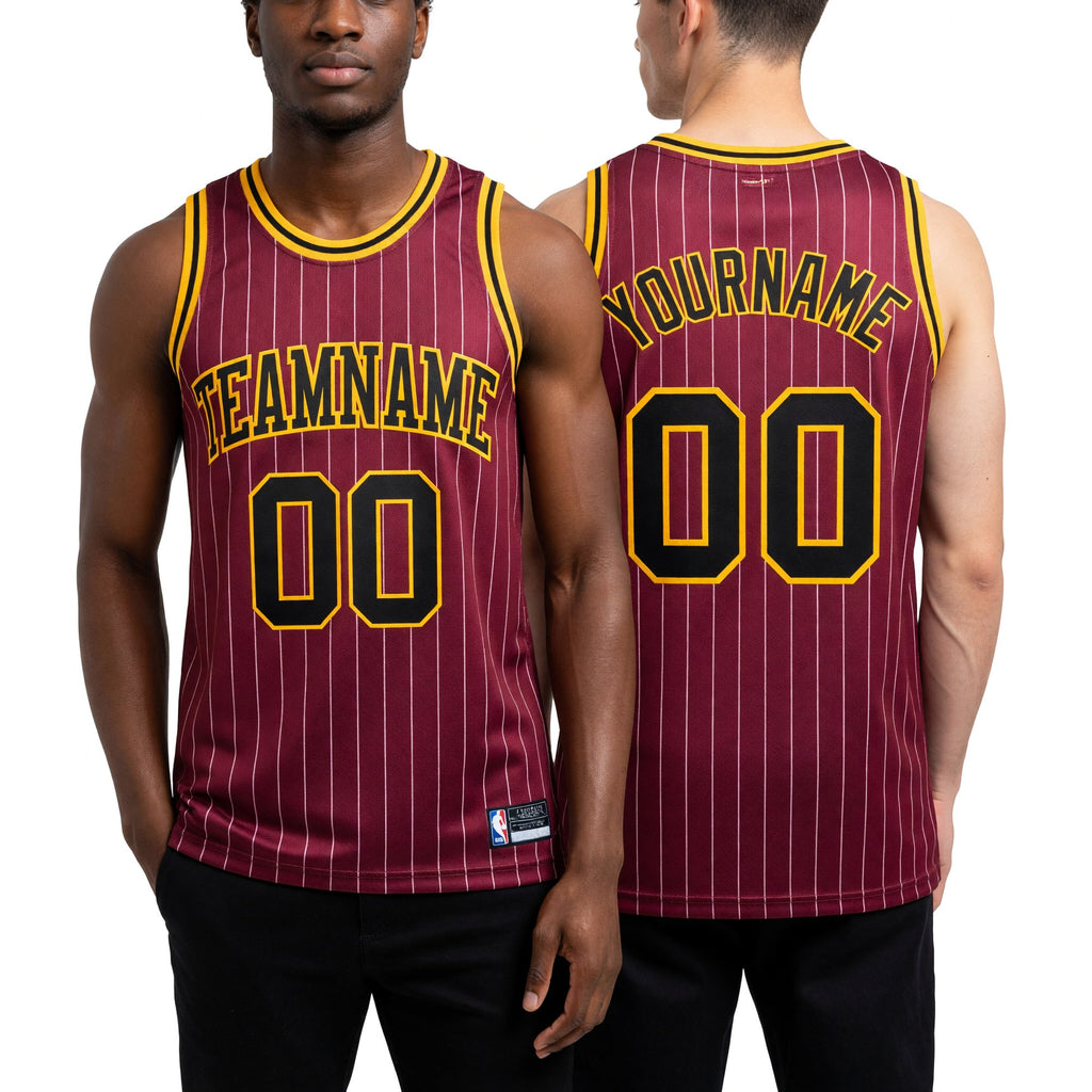 Custom Maroon White Pinstripe Black-Gold Authentic Basketball Jersey worn front and back