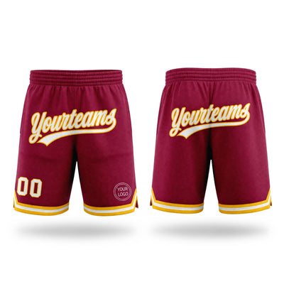 Custom Maroon Authentic Throwback Basketball Shorts with White and Gold Lettering Design 0084